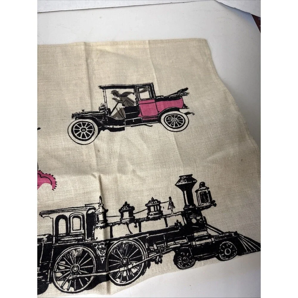 Vintage Tammis Keefe Linen Towel Dinners Ready Retro Antique Car Steam Engine